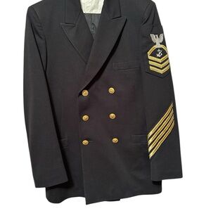 Vintage Military Men's Blue Double-Breasted Jacket with Gold Accents